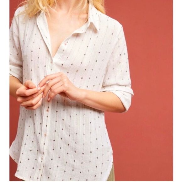 Anthropologie feather bone, white sequin button up shirt - Picture 1 of 10